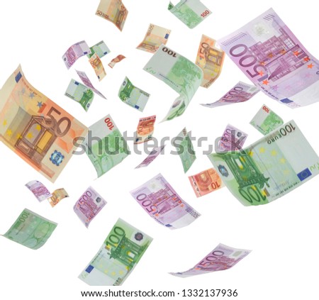 flying banknotes in front of a white background 