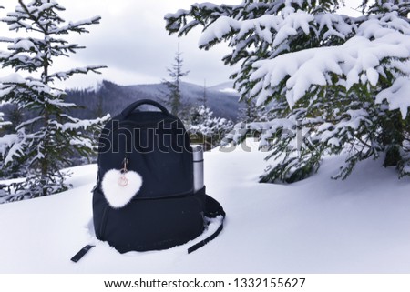 A small backpack and a thermos glade in the snow among the trees. Winter landscape with mountains in the background.
