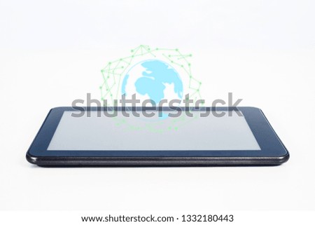 Global light sign over mobile tablet for Online shopping and e commerce.