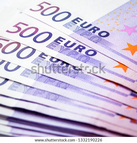 500 euro money banknotes like a fan. Five hundred notes of European Union currency. Stack of euro money cash close-up. Concept of bank, stock and wealth.