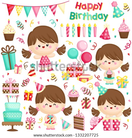 A Vector Set of Cute Little Girl Celebrating Her Birthday with lots of Gifts and Cakes
