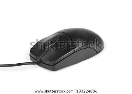 Black computer mouse on a white background.