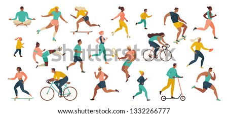 Group of people performing sports activities at park doing yoga and gymnastics exercises, jogging, riding bicycles, playing ball game and tennis. Outdoor workout. Flat cartoon vector. Royalty-Free Stock Photo #1332266777