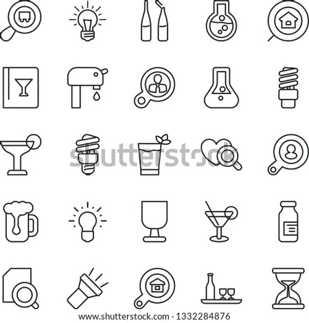 Thin Line Icon Set - heart diagnostic vector, ampoule, fragile, search cargo, torch, document, water supply, estate, client, alcohol, wine card, cocktail, phyto bar, beer, energy saving bulb, idea