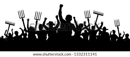 Crowd of people with a pitchfork shovel rake. Angry peasants protest demonstration. Riot workers vector silhouette Royalty-Free Stock Photo #1332311141