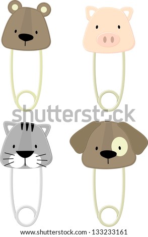 cute baby animals safety pins isolated on white background, vector format very easy to edit, individual objects
