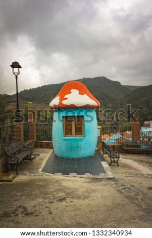 Blue village. Malaga province, Costa del Sol, Andalusia, Spain. This special village was painted blue for a movie launch