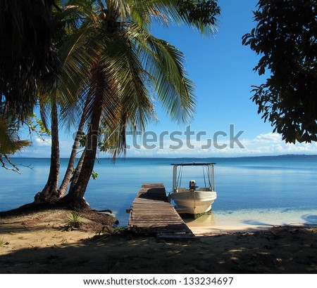 Boat at dock under coconut tree on tropical shore with calm water of the Caribbean sea, Bocas del Toro, Panama