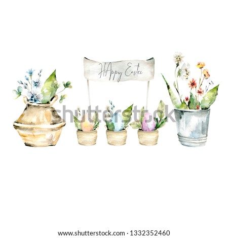 Hand drawing watercolor spring Easter set of eggs, baskets, flowers. illustration isolated on white