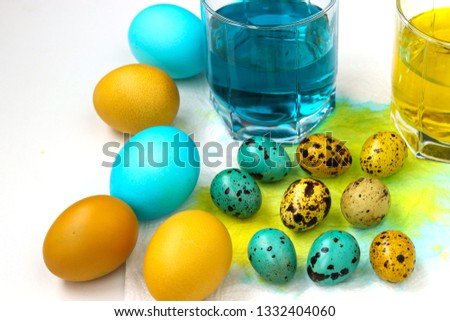 Yellow and blue chicken and quail eggs for Easter, Spring holiday concept