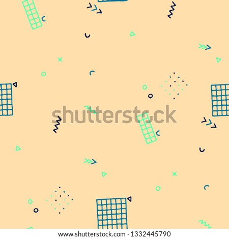 Retro Memphis Pattern. Seamless Background for Wallpaper, Print, Textile in Trendy Style. Colorful Geometric Pattern with Hand Drawn Scribble Elements. Colorful Triangles, Rings, Zigzags and Dots.