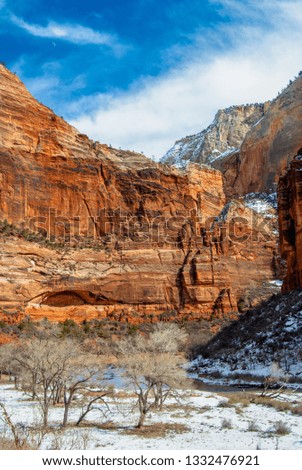 Snow crowns the heights in Zion National Park in winter.