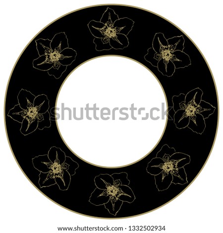 Isolated vector illustration. Round floral decor, frame or texture with hand drawn sketches of hellebore flowers. Golden silhouettes on black.