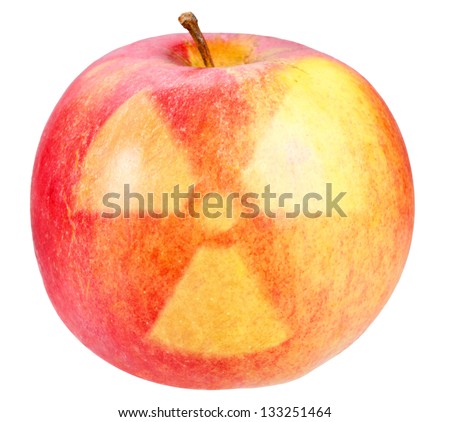 Red apple with sign of nuclear danger. Art design. Isolated on white background.