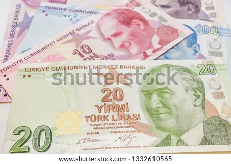 close up turkish lira banknotes in circulaton