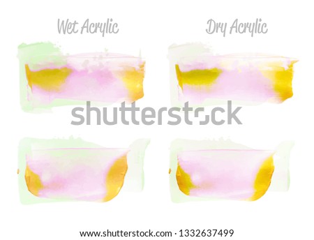 Vector pink, green, gold paint smear stroke stain set. Abstract gold glittering textured art illustration. Texture Paint Stain Illustration. Hand drawn brush strokes vector elements. Acrilyc strokes.