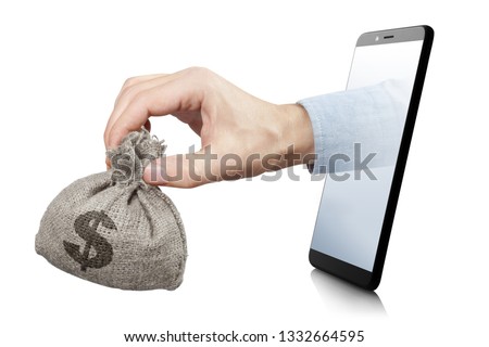 Hand holding a miniature burlap sack full of dollars, sticking out of the smartphone screen, isolated on white background
