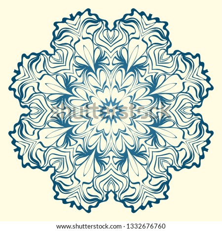 Round Symmetrical Pattern. Mandala. Kaleidoscopic Design. Vector Illustration. Oriental Pattern. Indian, Moroccan, Mystic, Ottoman Motifs. Anti-Stress Therapy Pattern. Blue, milk color.