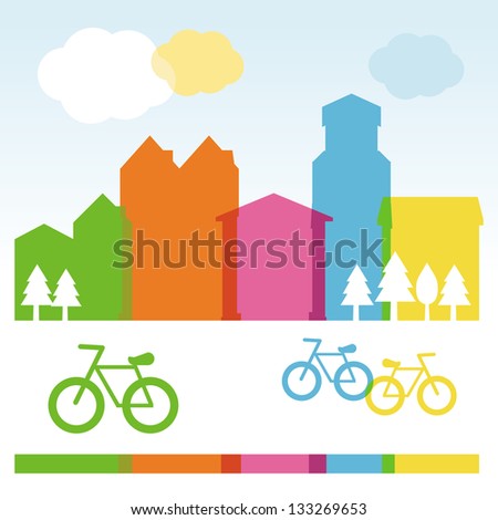 Vector design concept with modern buildings and bicycles