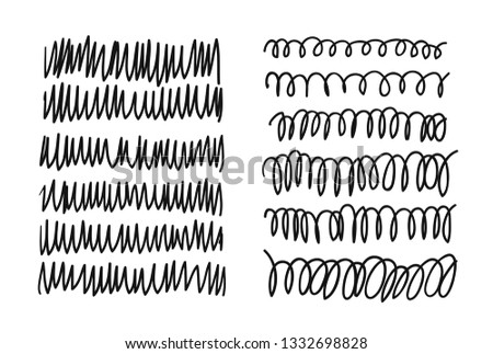Hand drawn set of objects for design use. Black Vector doodle lines on white background.  Abstract pencil drawing stripes. Artistic illustration grunge elements strokes