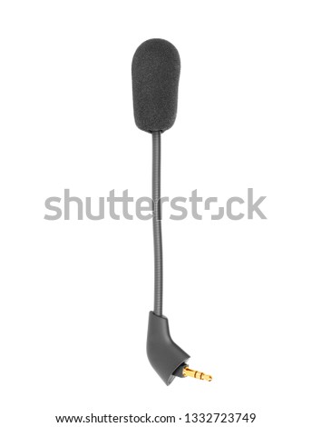 Condenser lavalier tie clip microphone, tool isolated on white background, macro