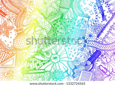 Hand drawn doodle backdrop pattern with numerous different school and office items. Rainbow colored tracery on white background, vector illustration