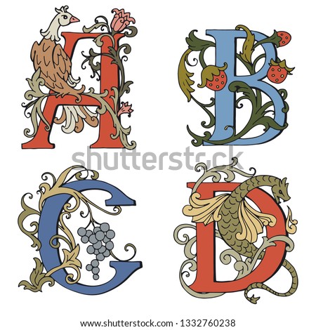 Letters A, B, C, D Drop Caps. Vector hand-drawing letter. Fabulous ornament with a bird, dragon, strawberries and grapes. Black outline. The design of tales. Royalty-Free Stock Photo #1332760238