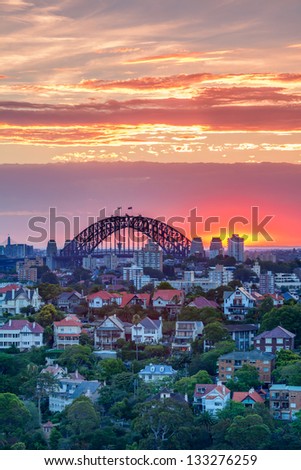 Sunset over the suburb of Cremorne with the Harbor Bridge in the background