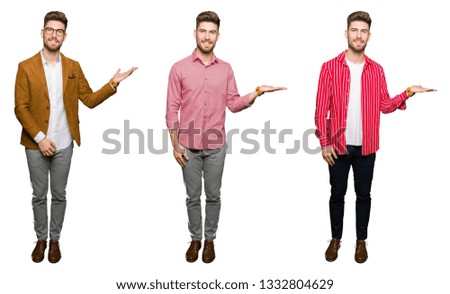 Collage of handsome young business man over white isolated background smiling cheerful presenting and pointing with palm of hand looking at the camera.