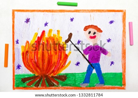 Colorful drawing: Smiling man cooking sausages over a campfire
