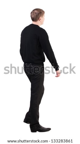 back view of walking business man. going young guy in red shirt. Isolated over white background. Rear view people collection. backside view of person. cheerful office worker proudly marching towards