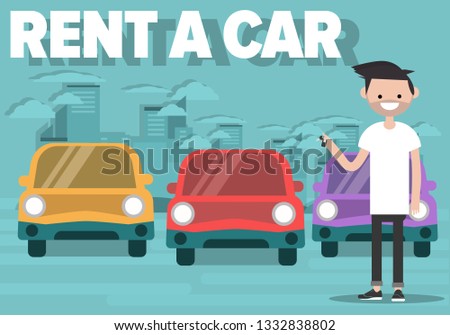 Rent a car concept with cars and young character holding auto key. Urban cityscape background.Flat cartoon design.clip art