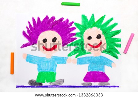 Colorful drawing: Happy children with funny hair. 