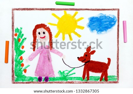 Colorful drawing: Young girl in pink dress walking dog. 