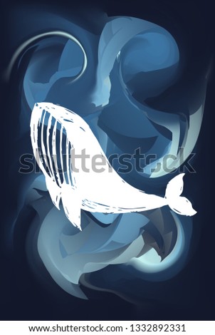 Blue Abstract Painting with Whale Animal Icon or Silhouette. Vector Illustration for Graphic Design, Poster and Animal Lovers. 