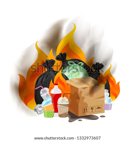 polluted of waste plastic incineration isolated on white, garbage waste disposal with burnt incinerate, fire flame garbage burning and smoke air pollution, fire smoke burn garbage waste plastic