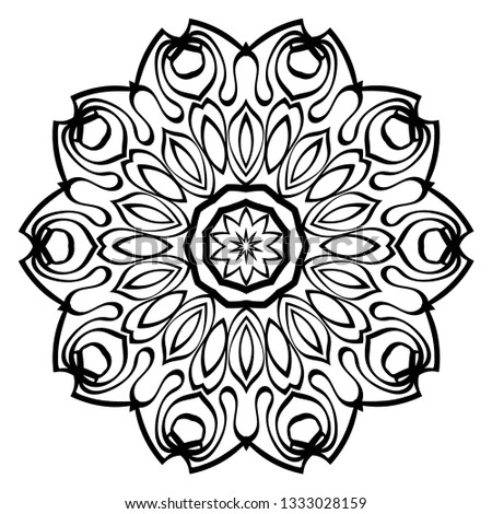 Hand-Drawn Henna Ethnic Mandala. Circle Lace Ornament. Vector Illustration. For Coloring Book, Greeting Card, Invitation, Tattoo. Anti-Stress Therapy Pattern. Black and white.