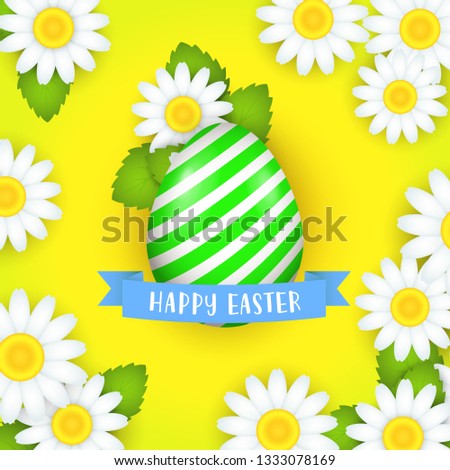 Happy Easter poster design. Green egg, ribbon and chamomiles on yellow background. Illustration can be used for flyers, greeting card, festive banners