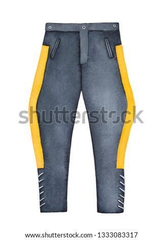 Steel grey trousers with yellow-gold leg stripe. Part of Royal Canadian Mounted Police traditional uniform. Front view, one single object. Handdrawn watercolour graphic paint, cutout clip art element.