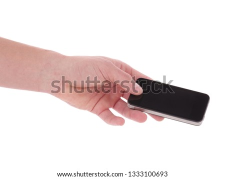 hand holding black phone isolated on white