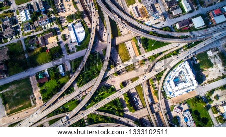 infrastructure of Houston Aerial View Straight down above Highways and Interchanges , loops , and road intersections in Houston , Texas , USA