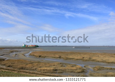 a green container ship and a barge are sailing along a salt marsh with muddy channel towards the port in antwerp in belgium at a sunny day in winter with a blue sky 