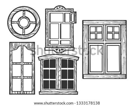 House wooden old windows sketch engraving raster illustration. Scratch board style imitation. Black and white hand drawn image.