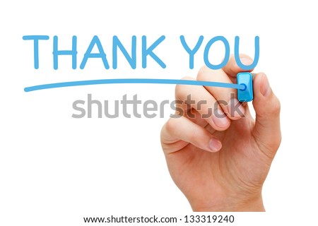 Hand writing Thank You with blue marker on transparent wipe board. Royalty-Free Stock Photo #133319240