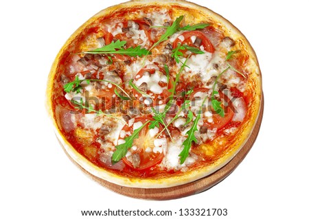Pizza with tomatoes, bacon, pork  on wooden stand, isolated on white background.