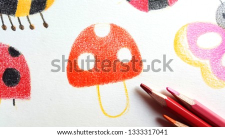 Color pencils, Crayon, Drawing sweet mushroom.