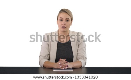 Young beautiful television announcer giving a speach, white background