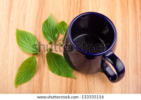 green leaf twig with cup on wooden table
