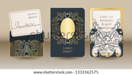 A set of openwork templates for laser cutting and engraving. Wedding invitation mock up cover, envelope, pocket for cards, greeting cards, invitations, menus.