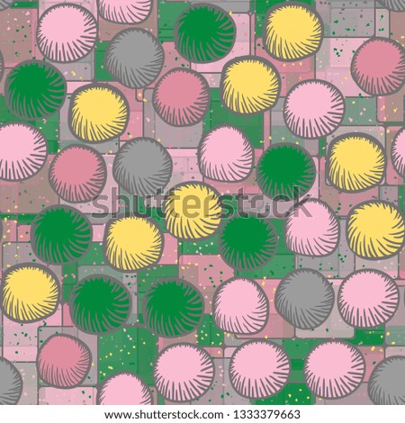 Seamless abstract pattern. The foreground consists of carelessly drawn rounded lumps.
The background consists of multi-colored translucent checkered blocks.